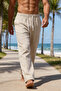 Men's 100% Linen Comfortable Fit Elastic Waist Summer Linen Trousers with Pockets Daily Casual Beach Pants - 2