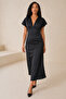 Black Satin Fabric Draped V-Neck a Line Cut Midi Evening Dress 77167 - 6