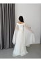 White Pleated Sleeve Detailed Strapless Evening Dress - 6