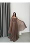Brown Pleated Strapless Evening Dress with Sleeve Detail - 2