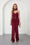 Women's Burgundy Slim Fit Strapless Collar Shawl Detail Slit Long Evening Dress - 2