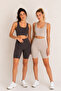 Women's 2-Piece Coffee Beige High Waist Soft Textured Gathering Premium Fabric Short Leggings - 5