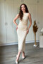 Polka Dot Draped Slit Midi Tulle Beige Dress - 6