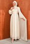 Cream Collar Stoned Draped Janjan Evening Dress