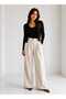 Women's Natural Linen Textured Wide-Leg Trousers with Pockets