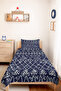 Navy Blue Geometric Youth Room Single Pique Set - Bohemian White 160X220 cm Quilted Bedspread - 5
