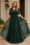 Women's Double Breasted Collar Short Sleeve Tulle Sleeve Lycra Stretchy Glitter Lined Long Khaki Evening Dress - 6
