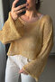 Sequined Openwork Knit Boat Neck Yellow Crop Blouse - 2