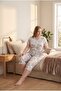 Large Size Bamboo Fabric Short Sleeve Ruffle Detailed Floral Patterned Women's Capri Suit 22324 - 3