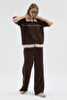 Women's Short Sleeve Zippered Modal Fabric Tracksuit Set with Piping on the Sides and Front