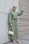Single Button Embroidered Skirt Linen Look Suit -Khaki