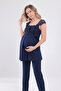 New Season Navy Blue Special Lace Design Strap 100% Cotton Maternity Pajama Set with 3 Pieces - 6