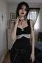 Black Lace Detailed Bowknot Vintage Y2K Strappy Crop Top - 2