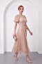 Women's Beige Balloon Sleeve Glittery Mesh Fabric Flared Midi Evening Dress