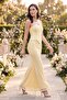 Women's Yellow Strapless Collar Ruched Fishnet Party Dress - 5