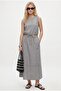 Women's Toby Tie-Up Blouse Elastic Waist Lined Skirt Woven Gray Bottom-Top Set