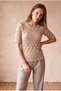 Women's Stone Color Gipeli Textured Regular Fit Boat Neck 2/4 Sleeve Baby Overlock Stitching Detailed Blouse Wren