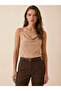 Women's Beige Color Degaje Collar Adjustable Rope Strap Sandy Fabric Athlete Blouse - 5