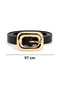 Black Shk3001 Women's Gold Square Buckle Thin Faux Leather Belt - 3