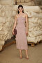 Sheeran Women's Soft and Flexible Strap Collar Fitted Off-The-Shoulder Pink Striped Dress - 2