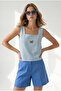 Women's Baby Blue Square Collar Embroidered Linen Blouse Blz-19003411 - 4