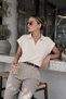 Women's Ecru Polo Collar Bat Sleeve 100% Cotton Knitwear Blouse
