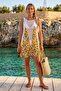 Orange-White Pool Collar Sleeveless Patterned Mesh Detailed Casual Viscose Woven Beach Dress 88 60