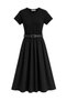 1033 Women's Stretchy Body Woven Skirt Belt Detailed Short Sleeve Maxi Dress Black - 2