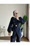 Women's High Collar Button Detailed Belted Trouser Suit - Navy Blue - 2