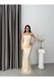 Beige Strapless Stone Embellished Underwire Lace Evening Dress with Gloves - 2