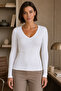 White Stretch Fabric V-Neck Long Sleeve Slim Fit Blouse 2200 - 6