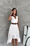 Women's White Scallop Embroidered Belted Midi Length Asymmetrical Dress Nbk4673