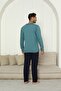 Long Sleeve Six Long Length Buttons with Pockets Green Color Men's Pajama Set - 3