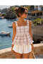 Women's Square Collar Plaid Patterned Woven Blouse with Tie Detail Cm26Bz00543