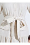 Beige Shirt Midi Dress With Tie-Belt - 4