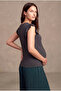 Maternity Dark Gray Melange Viscose Blended Crew Neck Short Ruffle Sleeve Blouse Lisa
