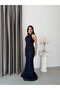 Navy blue halter neck lace fabric stone embellished evening dress - 5