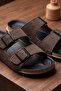Lasola Double Buckle Adjustable Suede Textured Brown Men's and Women's Slippers - Both Stitched and Adhesive - 8
