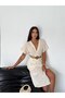 Women's V-Neck Belted Detailed Slit Linen Midi Dress - 3