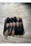 Handmade Press-On Nails Set - Glossy Black & Nude Multi-Design with Wild Leopard Accents, Glitter Chevron Tips, and Rhinestones Coffin Shape Custom Gel Nails - 2