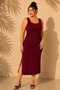 Women's Plus Size Square Neck Thick Strap Side Slit Crepe Woven Stretchy Midi Pencil Dress - 6