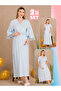 Blue 2-Piece Maternity Nightgown Set – Long Model with Lace Detail