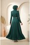 Satin Stone Detailed Hijab Evening Dress 5724-04 Emerald Green - 4