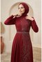 Satin Stone Hijab Evening Dress 5724-01 Burgundy - 3