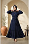 Bubble Fabric Necklace Detailed Belted Hijab Dress 0575-03 Navy Blue - 3