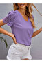 Women's Short Sleeve V-Neck Dubai Blouse with Ruched Sleeves - 2