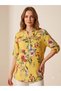 Women's Italian 100% Linen Patterned Shirt Blouse - Three Quarter Foldable Sleeves, Dominant Collar, Loose Tunic Shirt