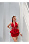 Women's Red Halter Neck Staple Detailed Peplum Mini Dress Dcf265 - 3