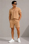 Men's Crepe Fabric Breathable Short Sleeve Shirt and Pocket Shorts Set - Beige - 3