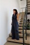 Navy Blue Halter Neck Jumpsuit with Shawl Detail - 4